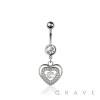 316L SURGICAL STEEL MULTI CZ HEART BEZEL CENTER DANGLE BELLY BUTTON NAVEL RING 